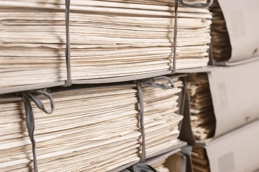 Large bundles of old documents tied in stacks, like a property's historical records